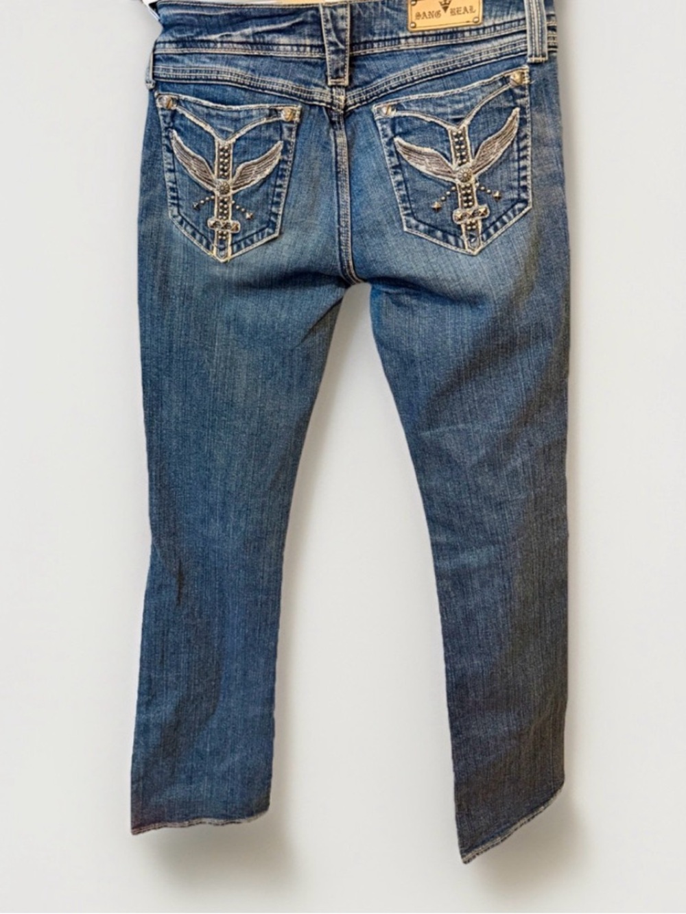 Vintage Y2K Sang Real Only The Chosen Distressed Blue Denim Bootcut Jeans Sz 30